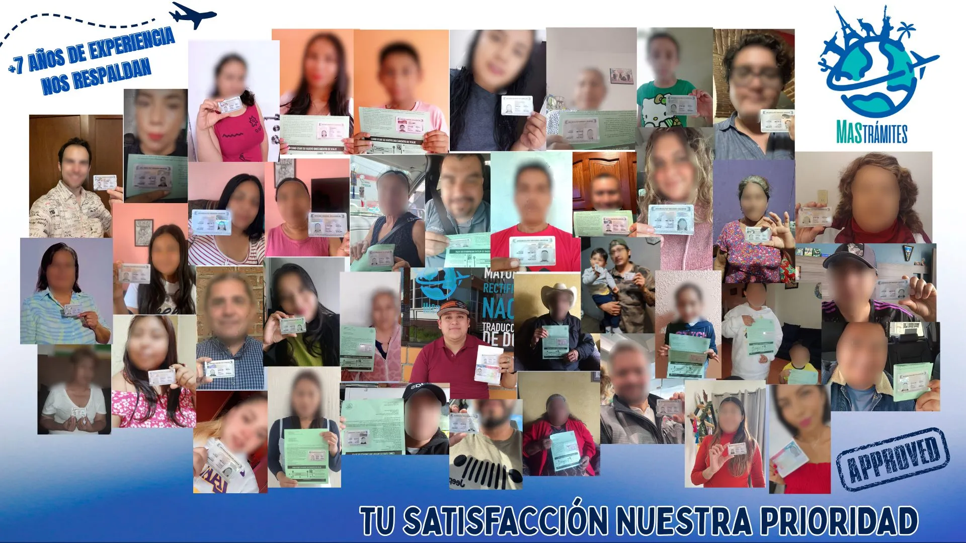 Collage de clientes de MAS Trámites mostrando su visa aprobada