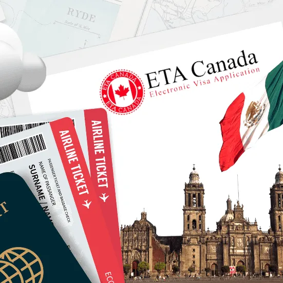 Boletos de avión con la leyenda ETA Canada y la Catedral de la Ciudad de México